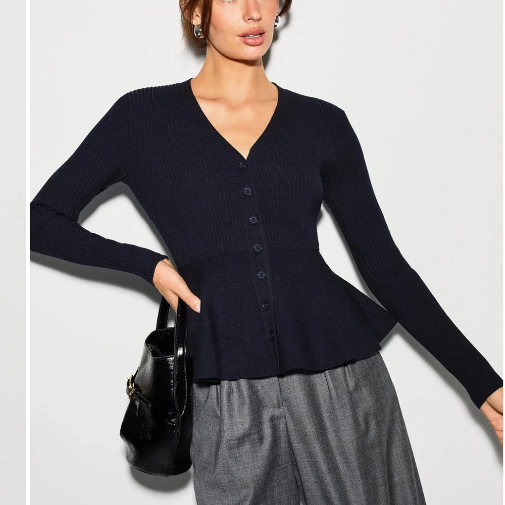 Rebecca Taylor wool blend navy ribbed long sleeve peplum cardi sweater sz s